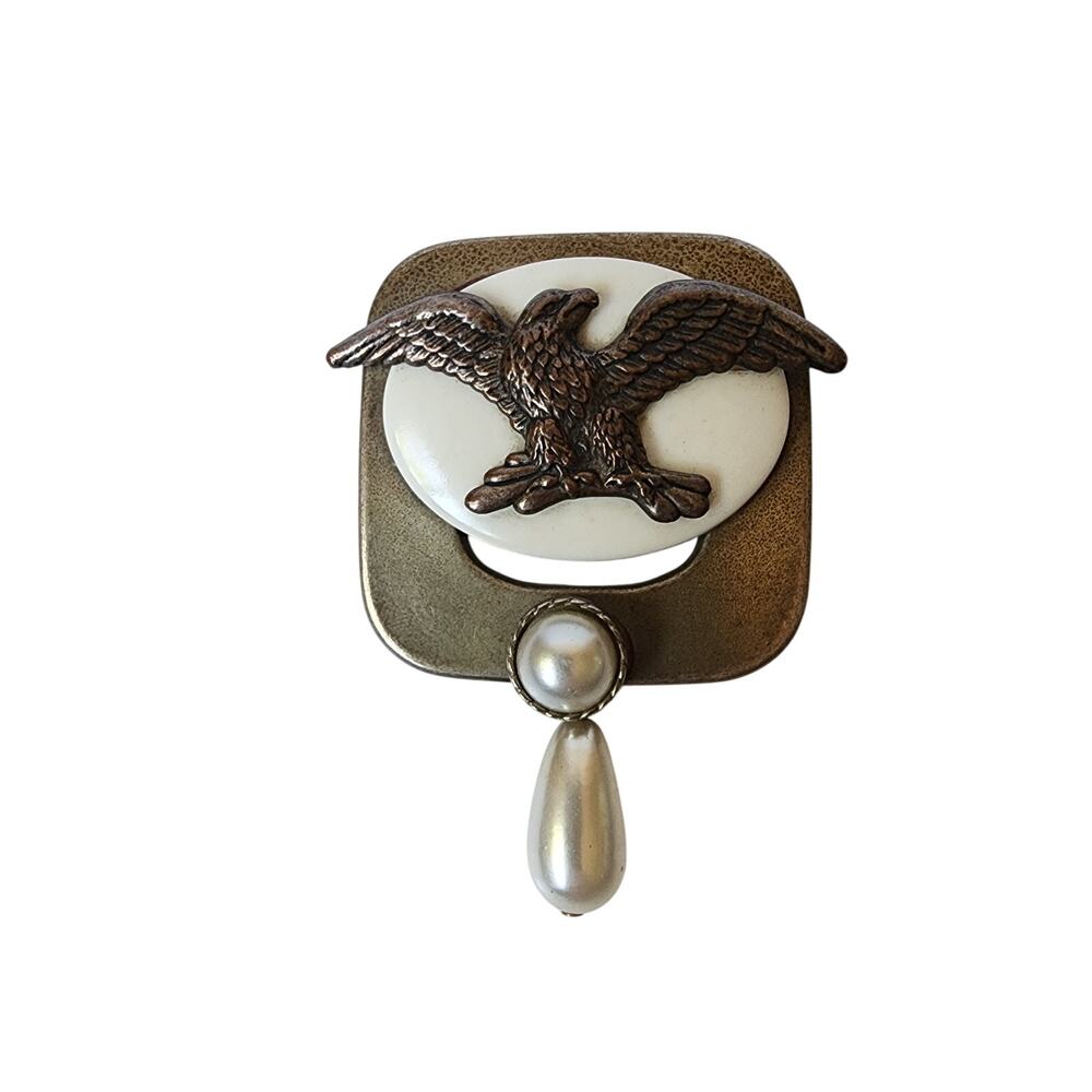 Vintage Patriotic Eagle Brooch Brass Tone with Faux Pearl Accent Pin